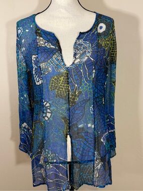 Chico's 100% Silk Tunic Blouse Sheer V Neck Long Sleeve Blue Mosaic Floral